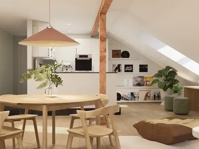 Cuisine ouverte sous charpente, projet Grancy à Lausanne